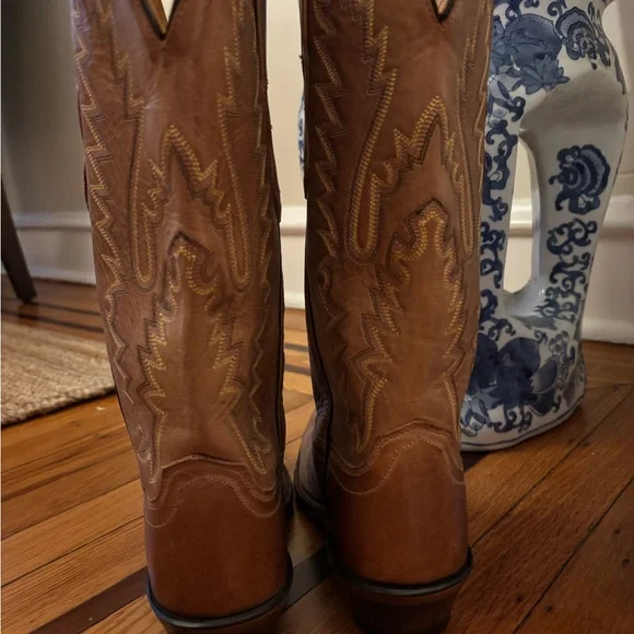 Old West LF1529 Women’s Tan Leather Heeled Cowboy Boots - Picture 2 of 7